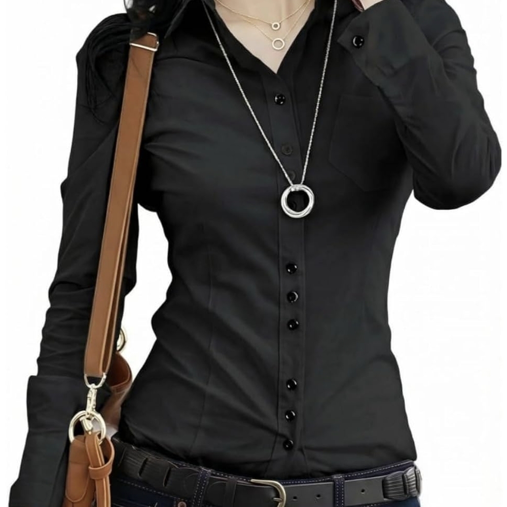 Slim-Fit Black Long Sleeve Button-Front Women's Shirt